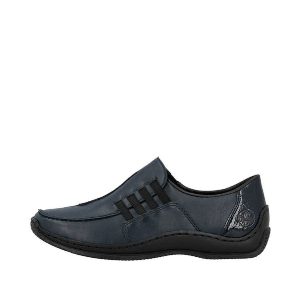 Rieker L1777-14 blue leather slip-on women's shoes, comfortable casual footwear with stylish design and slip-on ease.