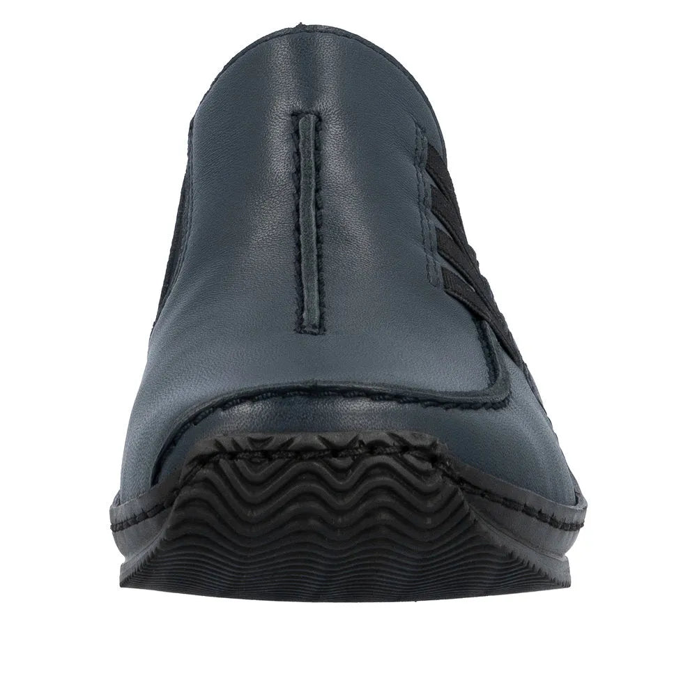 Rieker L1777-14 women's blue leather slip-on shoes with black accents, designed for comfort and style.