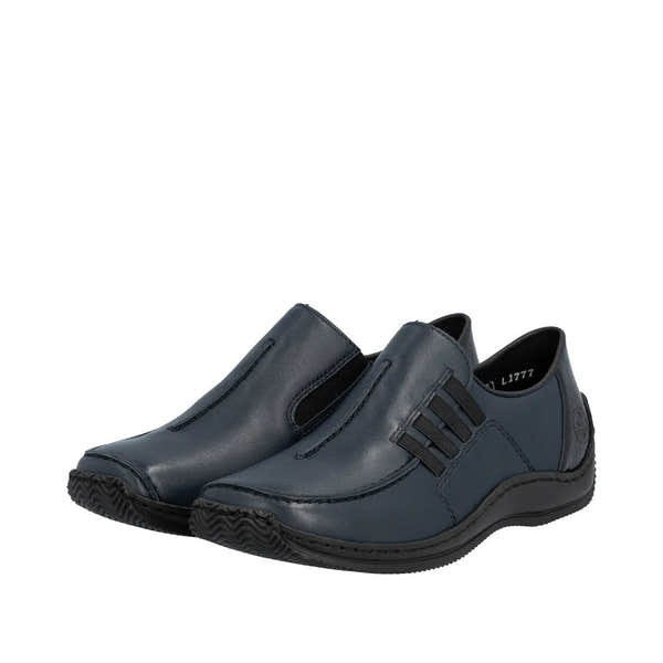 Rieker L1777-14 ladies blue leather slip-on shoes with elastic side panels and black rubber soles.