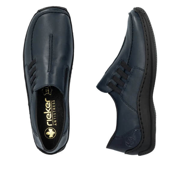 Rieker L1777-14 women's blue leather slip-on shoes with black sole and Adidas-style three-stripe detail.
