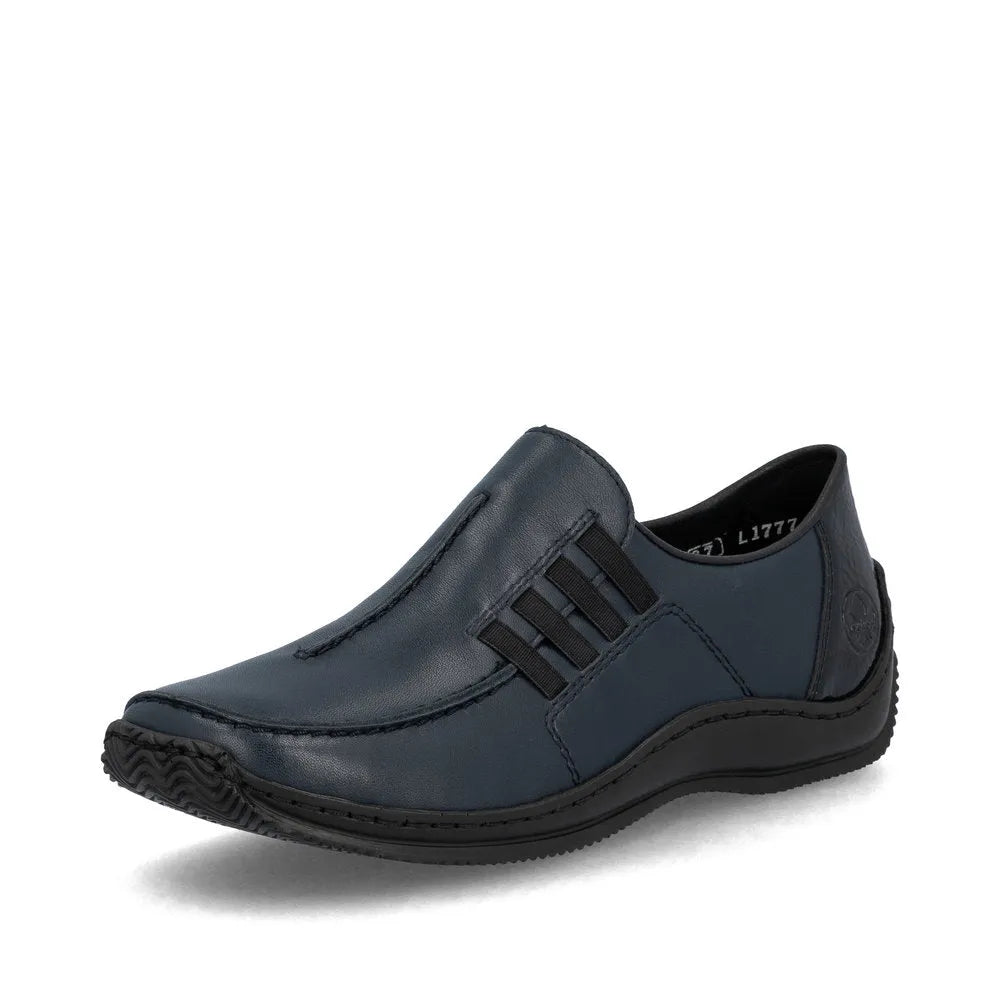 Rieker L1777-14 women's blue leather slip-on shoes with black elastic laces and cushioned sole.