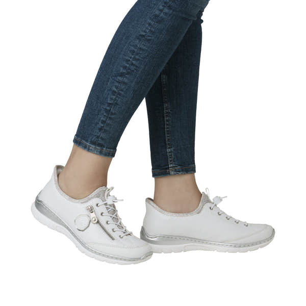 Rieker L32F1-80 white elasticated ladies' casual shoes with zipper detail and comfort sole.