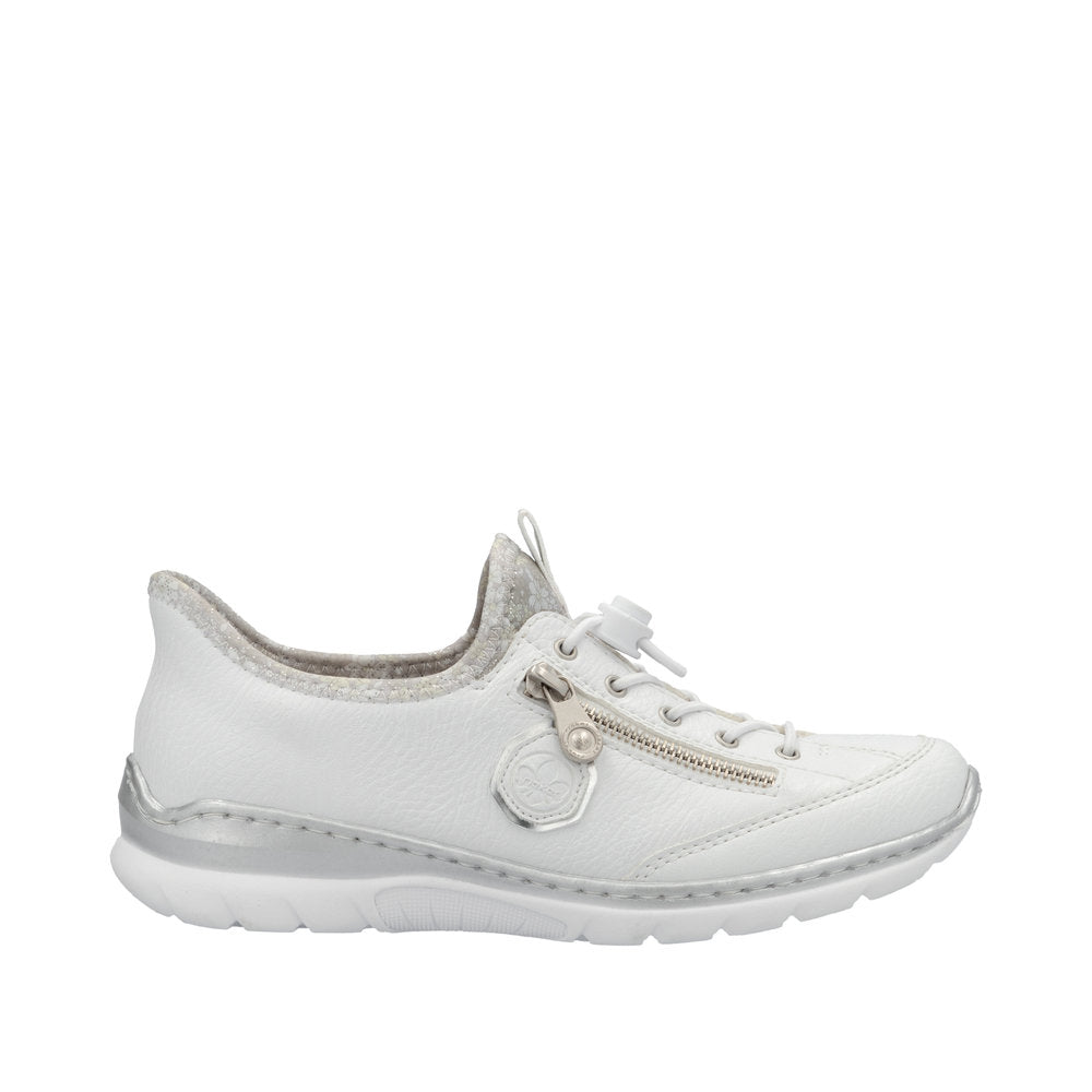 Rieker L32F1-80 women's white elasticated casual shoes with zipper detail and cushioned sole.
