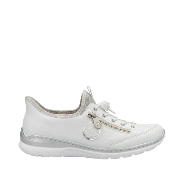 Rieker L32F1-80 women's white elasticated casual shoes with zipper detail and cushioned sole.