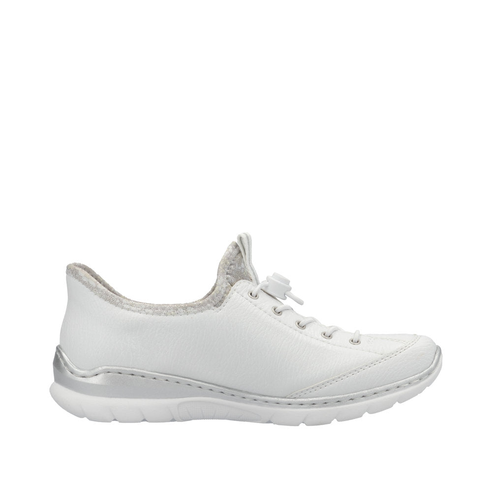 Rieker L32F1-80 women's white elasticated casual shoes with cushioned sole and lace-up design.