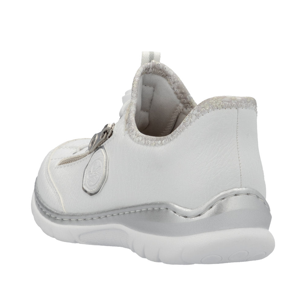 Rieker L32F1-80 women's white elasticated casual shoes with side zipper, lightweight and comfortable for everyday wear.