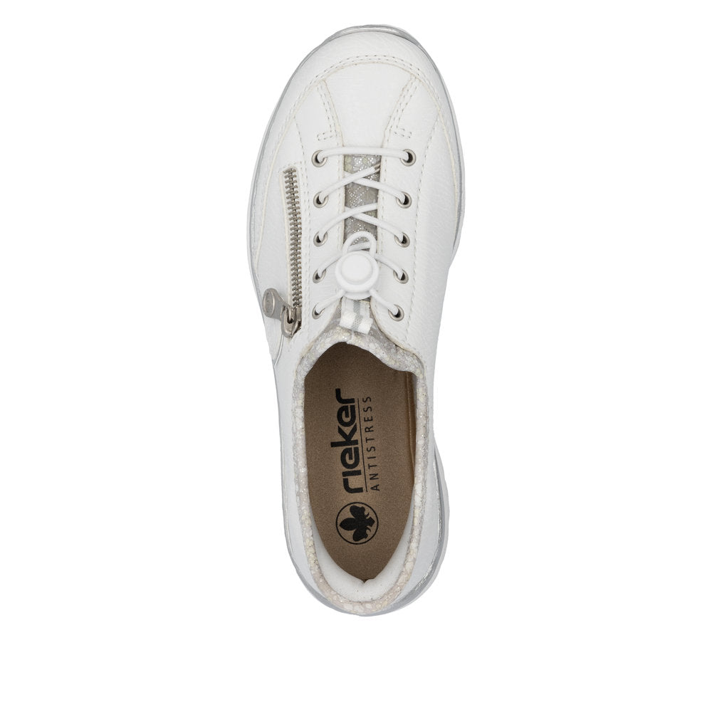 Rieker L32F1-80 women's white elasticated casual shoes with zipper detail and cushioned insole.