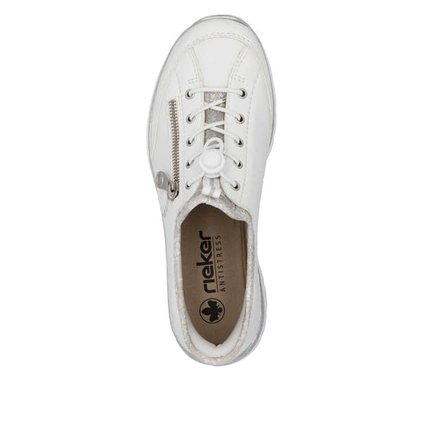 Rieker L32F1-80 women's white elasticated casual shoes with zipper detail and cushioned insole.
