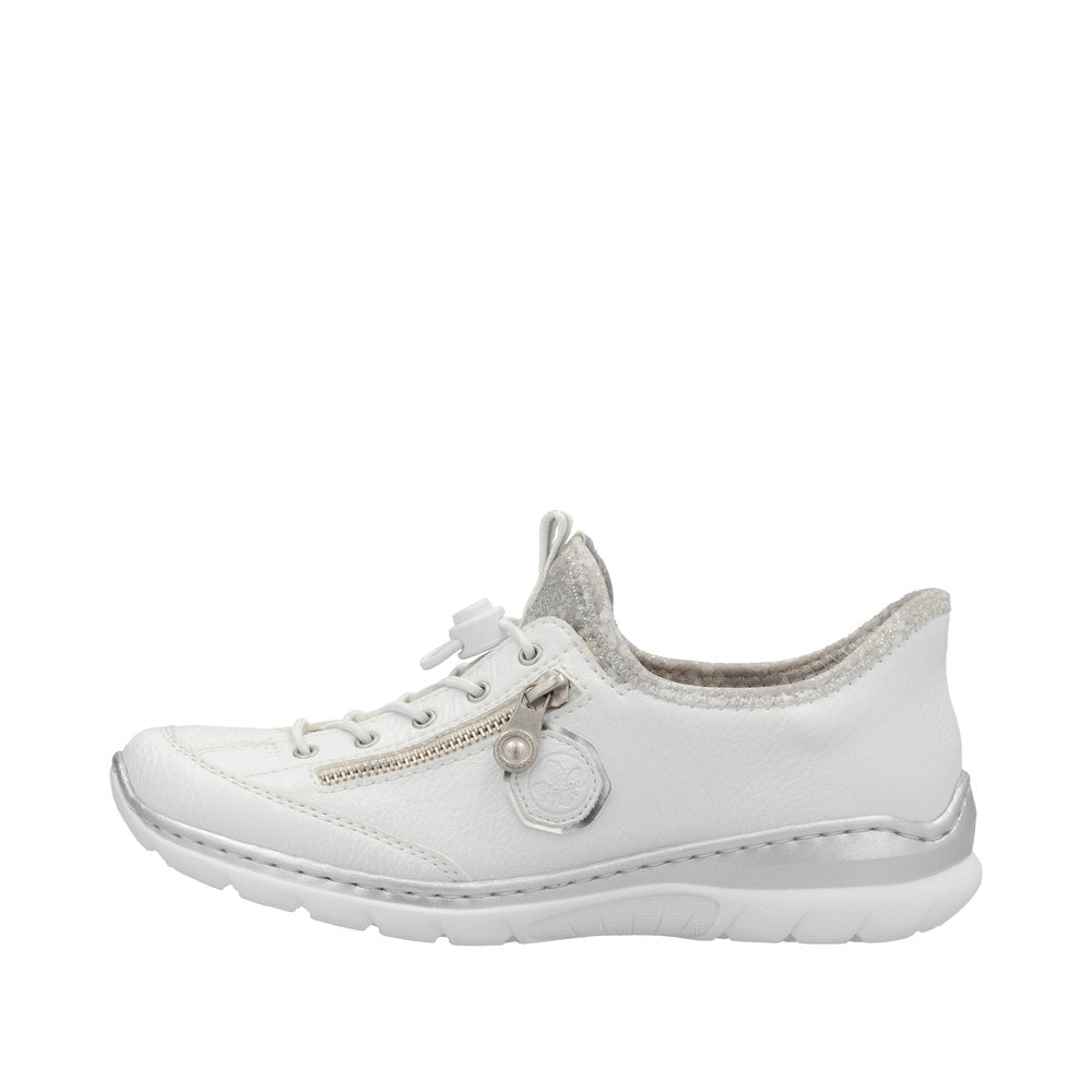 Rieker L32F1-80 women's white elasticated casual shoes with zipper detail and cushioned sole.
