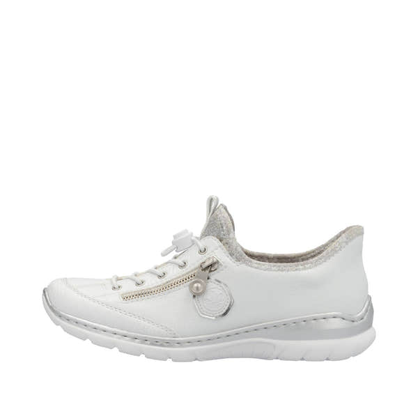 Rieker L32F1-80 women's white elasticated casual shoes with zipper detail and cushioned sole.