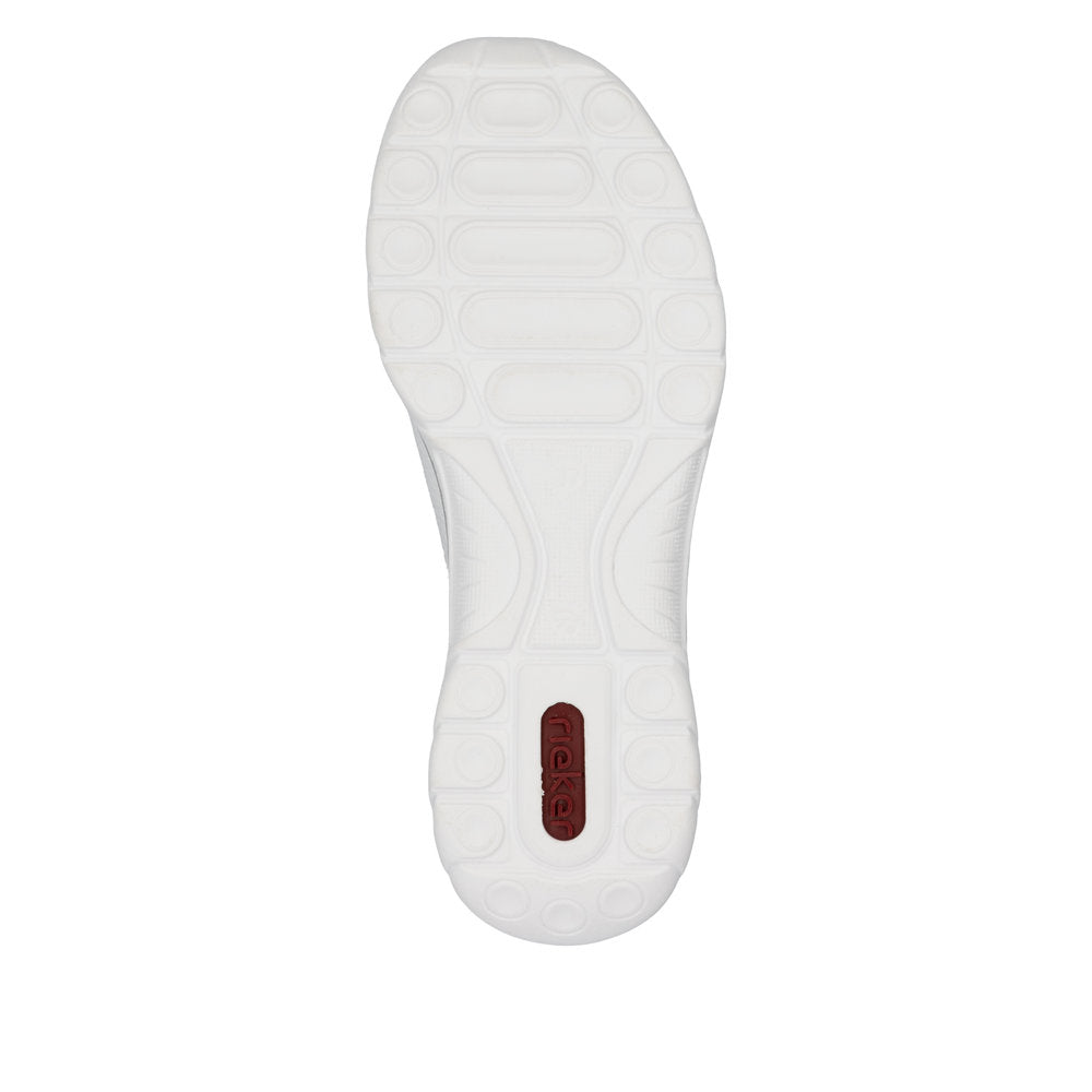 Rieker L32F1-80 ladies white elasticated slip-on shoes with cushioned sole and flexible rubber outsole.