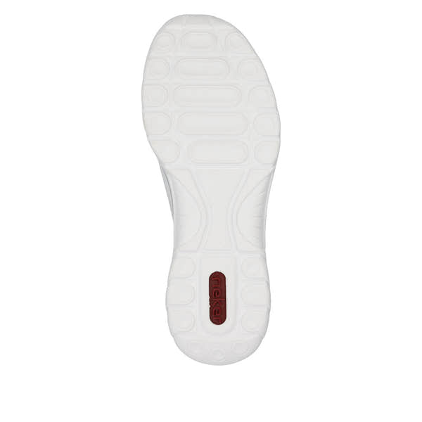 Rieker L32F1-80 ladies white elasticated slip-on shoes with cushioned sole and flexible rubber outsole.