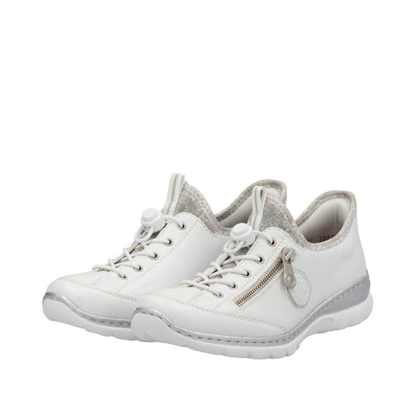 White women's elasticated casual shoes with zipper detail, cushioned sole, and comfortable design by Rieker.