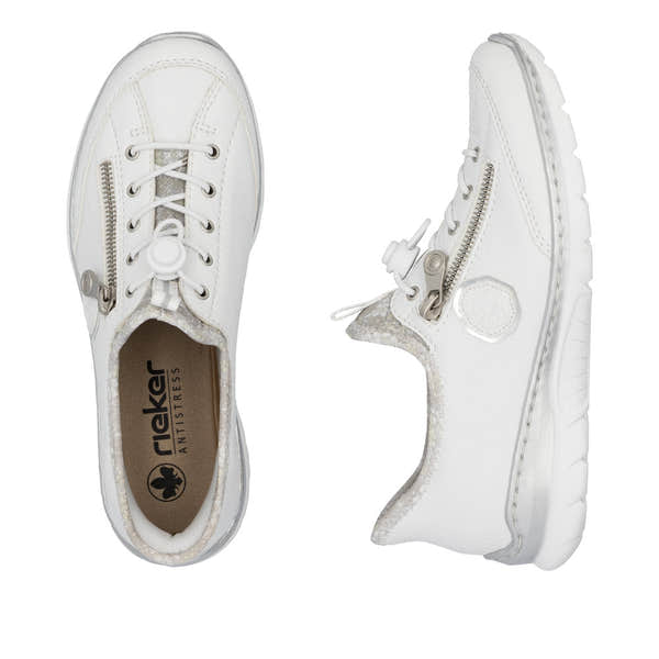 Women's white elasticated L32F1-80 shoes with side zipper, cushioned sole, and Rieker anti-stress comfort features.