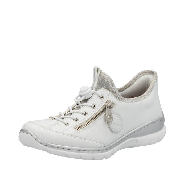 Rieker L32F1-80 women's white elasticated casual shoes with side zipper, cushioned sole, and glitter detail.