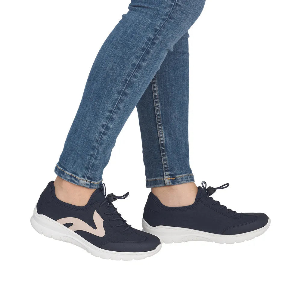 Women's navy elasticated fastener shoes with pale pink wave detail, white sole, and breathable material.