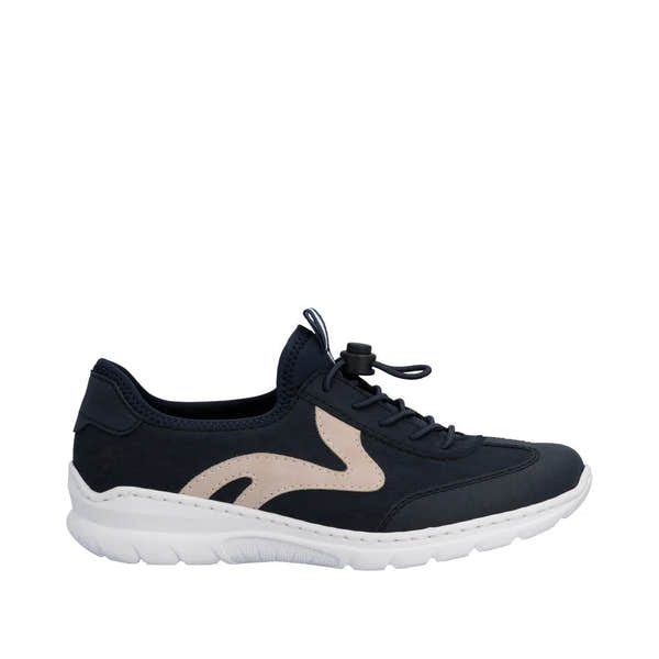 Rieker Ladies sneaker with navy elasticated fastener, beige logo detail, cushioned white sole, and breathable fabric upper.