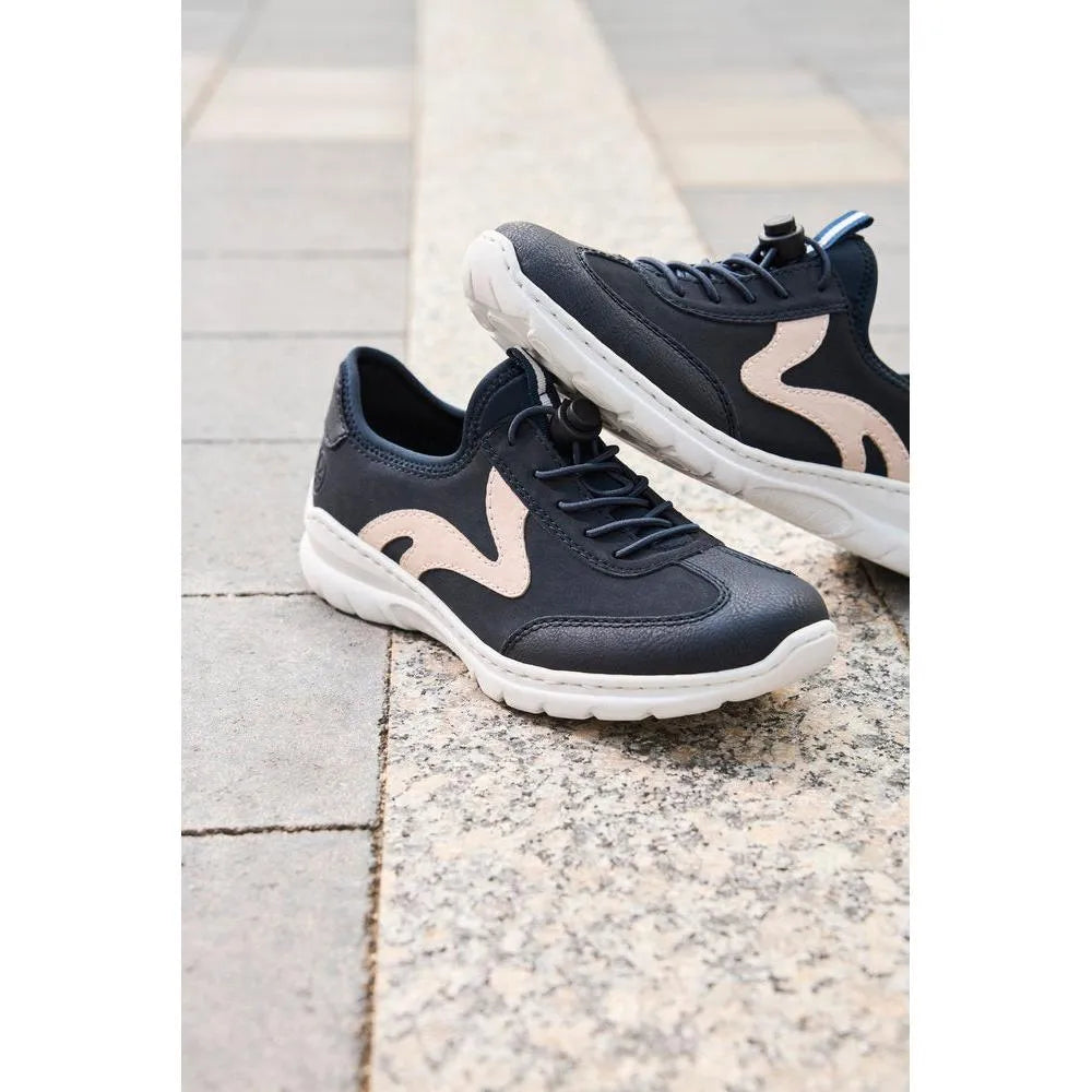 Black and pink elasticated fastener sneakers with cushioned white soles, crafted from leather and textile materials.