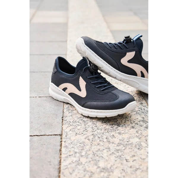 Black and pink elasticated fastener sneakers with cushioned white soles, crafted from leather and textile materials.