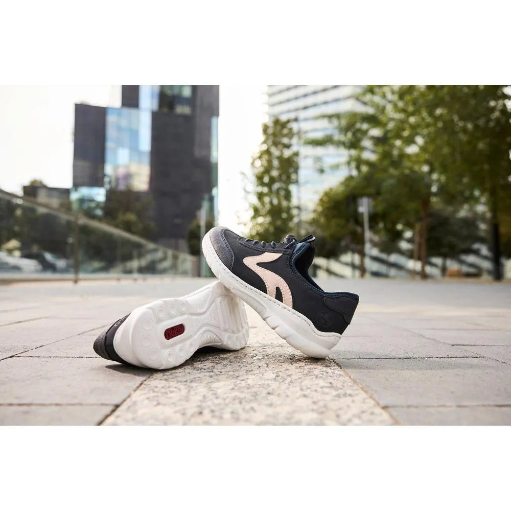 Rieker L32G9-14 Ladies Pacific/Rose elasticated fastening shoes, black and rose colors, with a sporty style and cushioned soles.