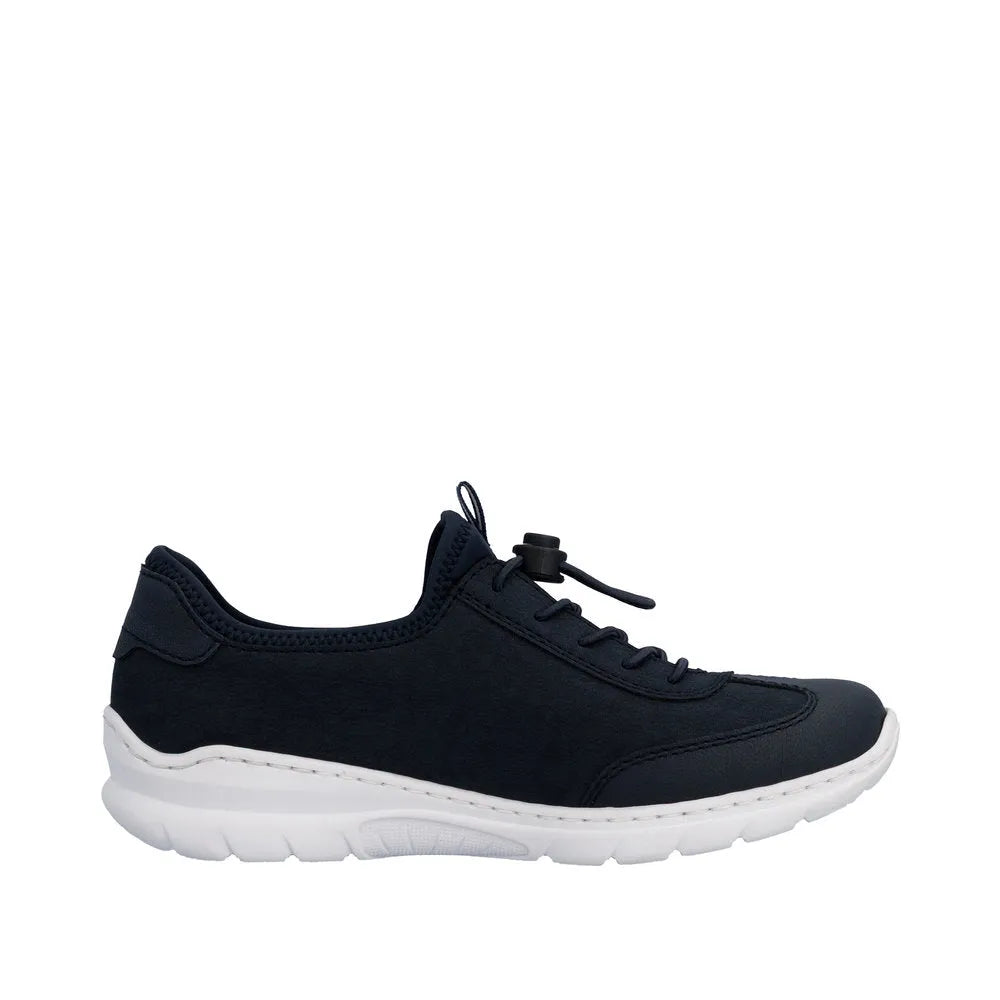 Black navy elasticated slip-on sneaker with white sole and lace-up front for women.