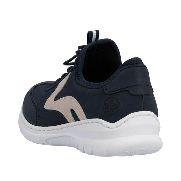 Navy blue Rieker ladies' elasticated sneaker with beige detailing and a white sole.