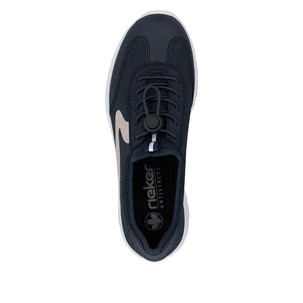 Navy blue Rieker elasticated fastener shoe with rose detailing, white sole, and black lace lock, made of textured material.