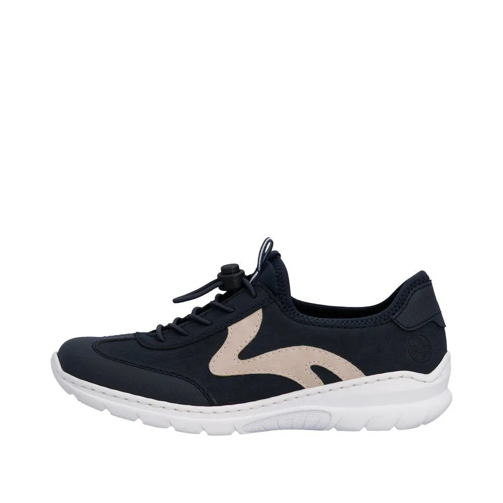 Black and beige slip-on athletic shoes with elasticated fasteners, cushioned white sole, and logo detail, designed for comfort.