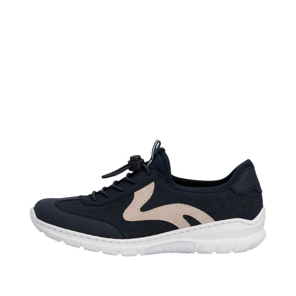 Black and beige slip-on athletic shoes with elasticated fasteners, cushioned white sole, and logo detail, designed for comfort.