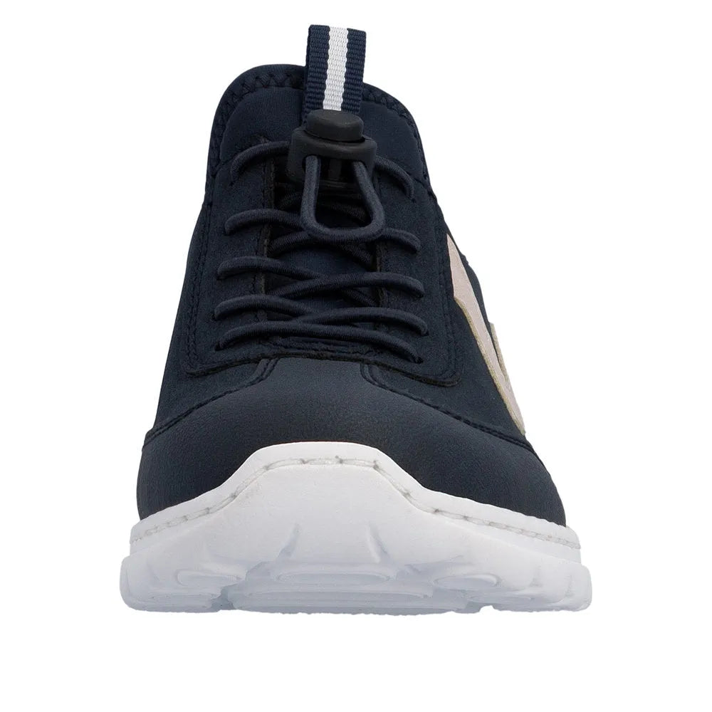 Navy blue Rieker ladies soft leather sneaker with elasticated fastening and pink accents, white sole, pull tab at heel.