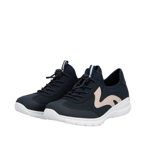 Black navy sneakers with elasticated fasteners, beige side detail, and a white textured sole.