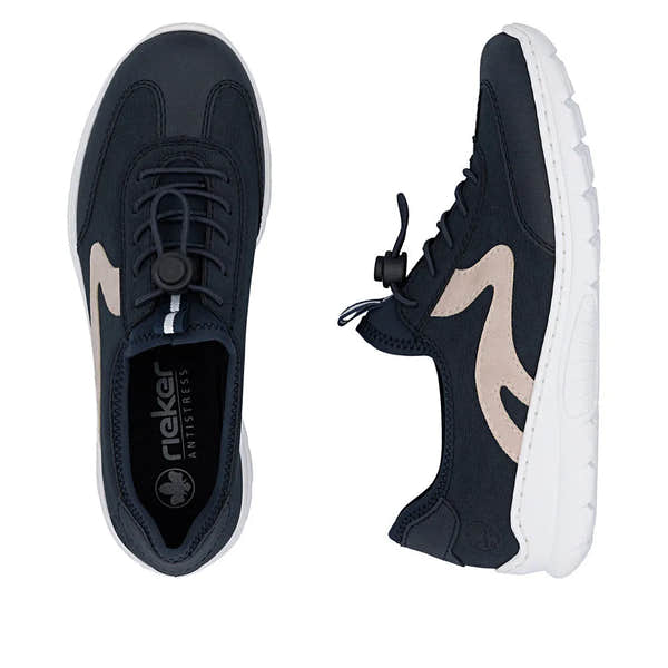 Black navy and beige slip-on sports shoes with elasticated fasteners, breathable material, and white rubber soles.