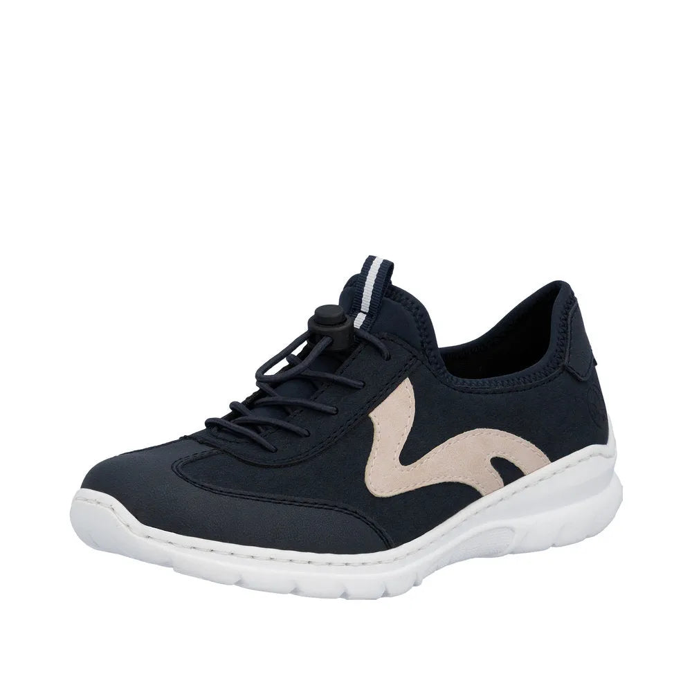 Navy blue mesh and synthetic lady's sneaker with elasticated fastening, pink abstract design, and a thick white rubber sole.