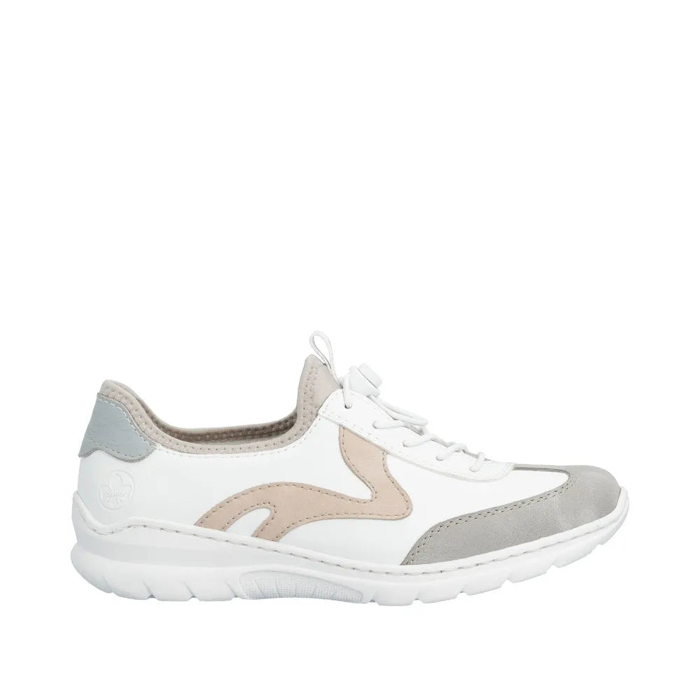 White and beige mesh and suede ladies' slip-on shoes with elasticated fasteners, rounded toe, and cushioned sole.
