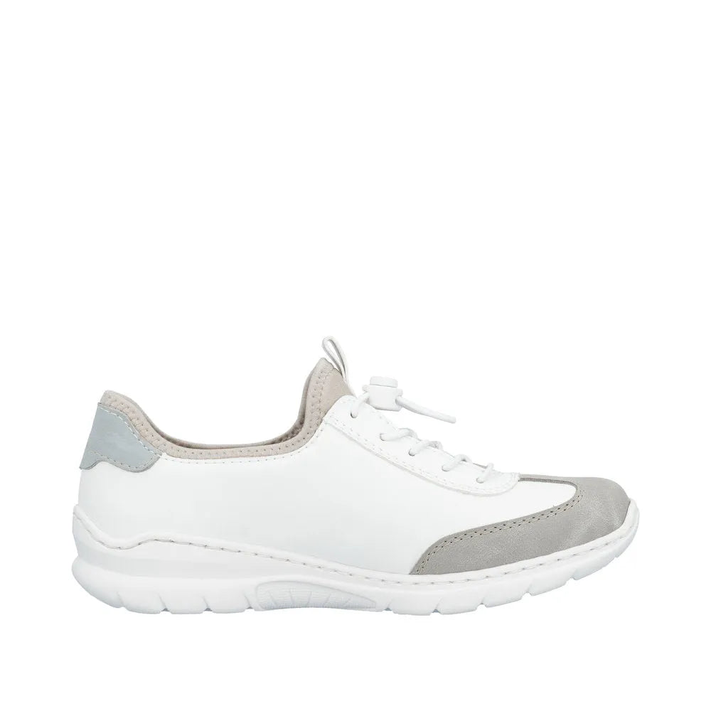 White and grey ladies elasticated fastener sneaker with a white sole, soft materials, and casual style.