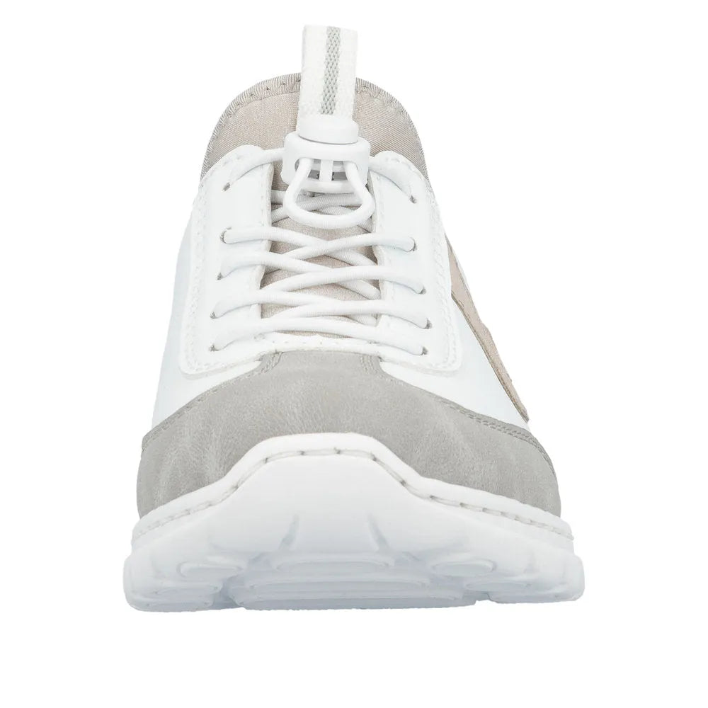 White and beige elasticated fastener women's sneakers with lace-up detail, smooth and textured materials, and a sporty sole.
