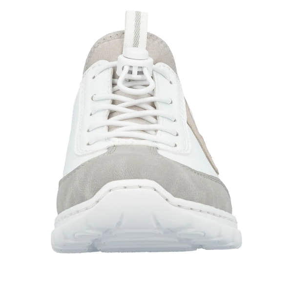 White and beige elasticated fastener women's sneakers with lace-up detail, smooth and textured materials, and a sporty sole.