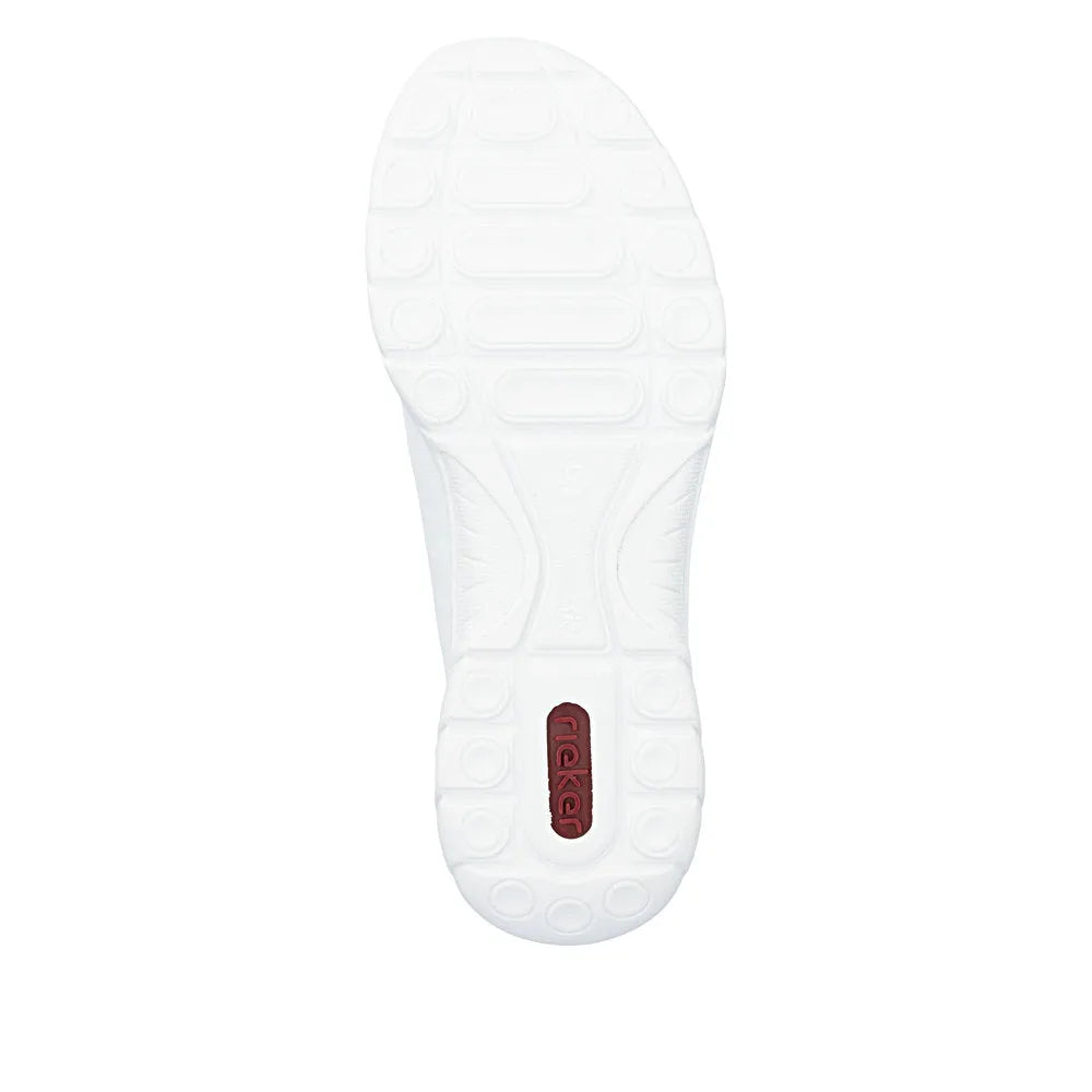 White multi-elasticated ladies' fastenation shoes with textured sole and red logo detail at heel.