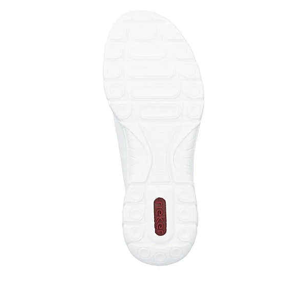 White multi-elasticated ladies' fastenation shoes with textured sole and red logo detail at heel.
