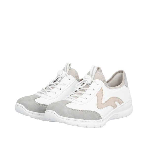 White and beige slip-on sneakers with elasticated fasteners, suede and synthetic materials, chunky rubber sole.