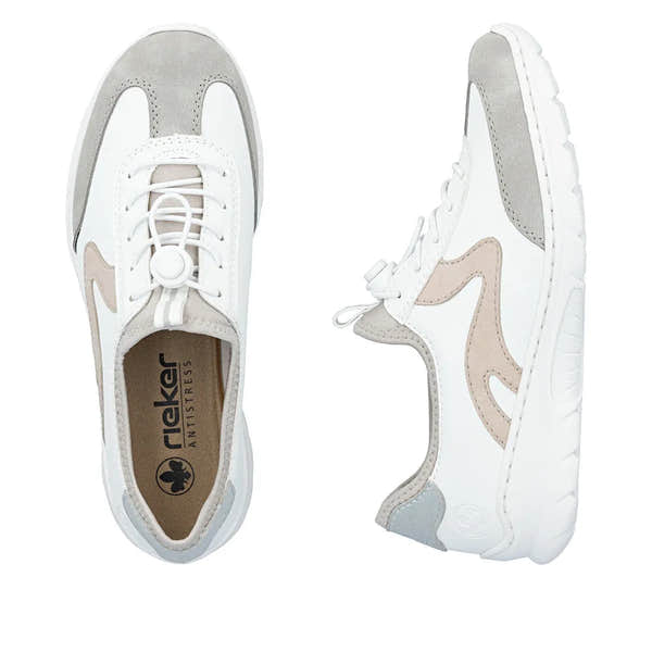 White and beige slip-on sneakers with elasticated fasteners, mesh overlays, and a cushioned sole for women.