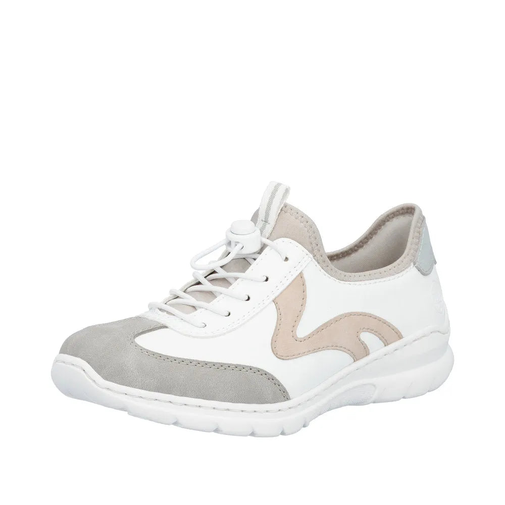 White and beige sneaker with grey accents, elasticated fasteners, cushioned sole, and mixed materials including leather and fabric.