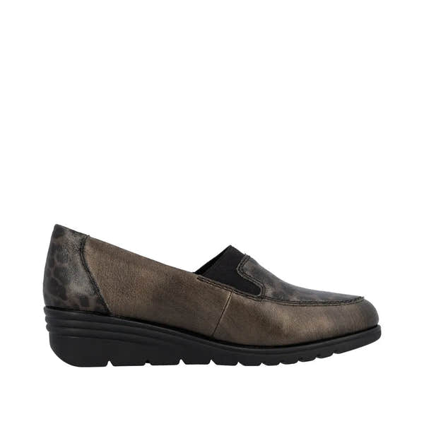 Rieker L5351-90 ladies bronze leather slip-on shoes with black elastic side panels and durable black sole.