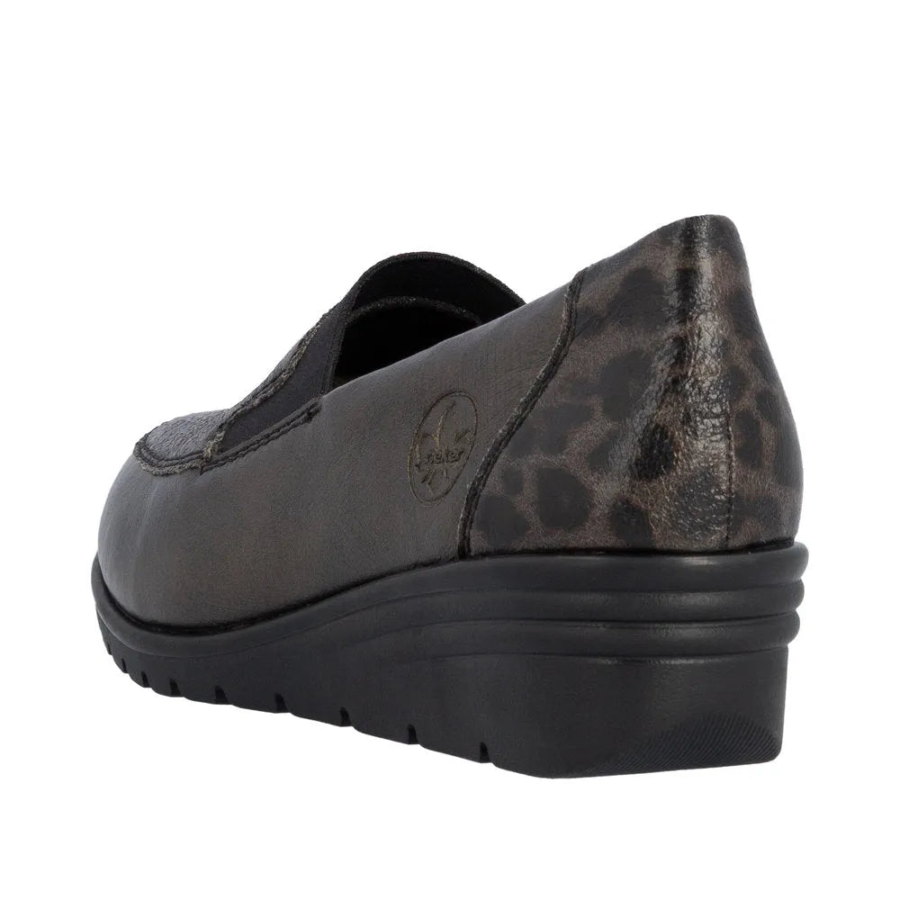 Rieker L5351-90 women's slip-on shoes in bronze leather with leopard print heel, casual comfort, and wedge sole.