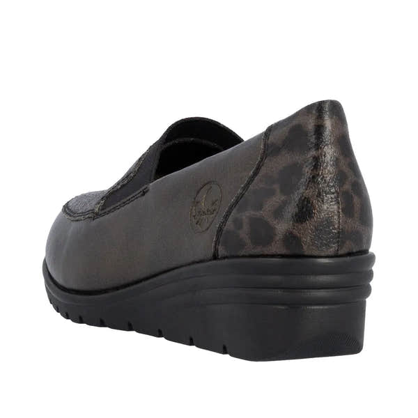 Rieker L5351-90 women's slip-on shoes in bronze leather with leopard print heel, casual comfort, and wedge sole.