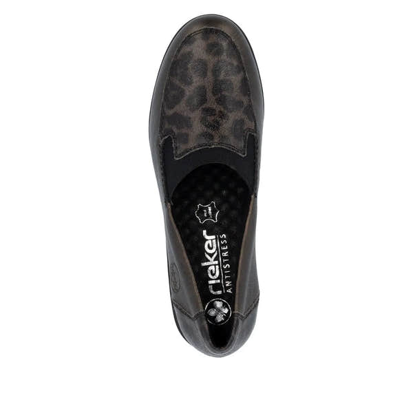 Rieker L5351-90 Ladies Bronze Leather Slip-On Shoes with Leopard Print Detail and Antistress Comfort Technology.