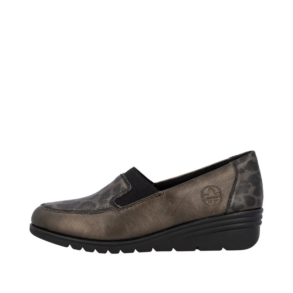 Rieker L5351-90 women's bronze leather slip-on shoes with leopard pattern accents and supportive black sole.