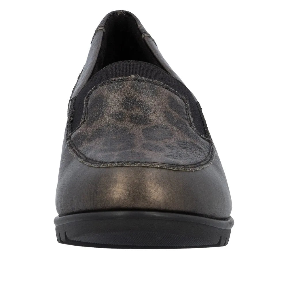 Rieker L5351-90 ladies bronze leather slip-on shoes with a sleek design and comfortable sole.