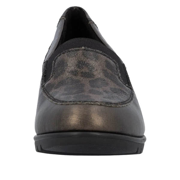 Rieker L5351-90 ladies bronze leather slip-on shoes with a sleek design and comfortable sole.