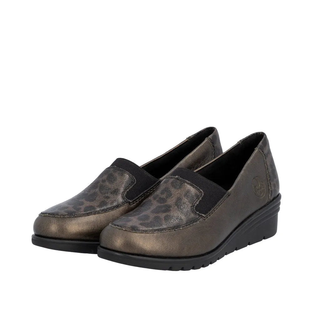 Rieker L5351-90 women's bronze leather slip-on shoes with leopard pattern accents and slip-resistant sole.